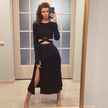 Autumn Winter Slit Sweater Pleated Skirt Lace-up Sweater Suit for
