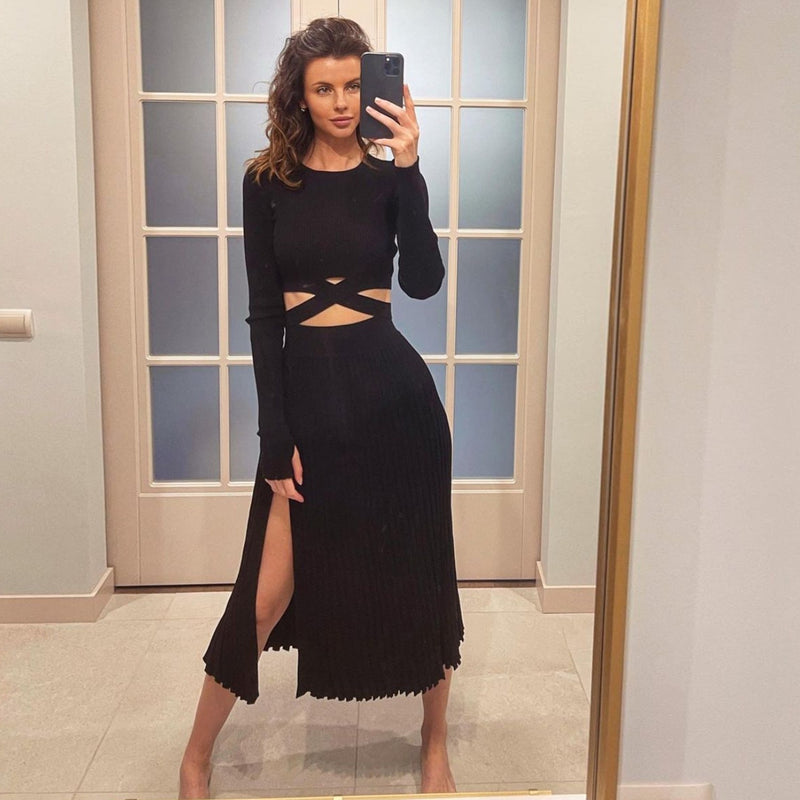 Autumn Winter Slit Sweater Pleated Skirt Lace-up Sweater Suit for
