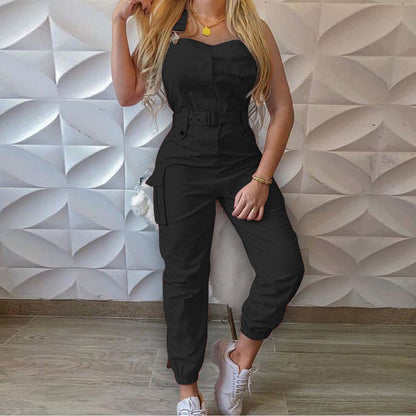 Workwear Belt Sleeveless Suspender Simple Ankle Banded Jumpsuit