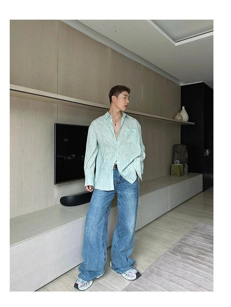 Weave Studio Mint Green Jacquard Oversized Shirt - Long Sleeve Button-up Blouse