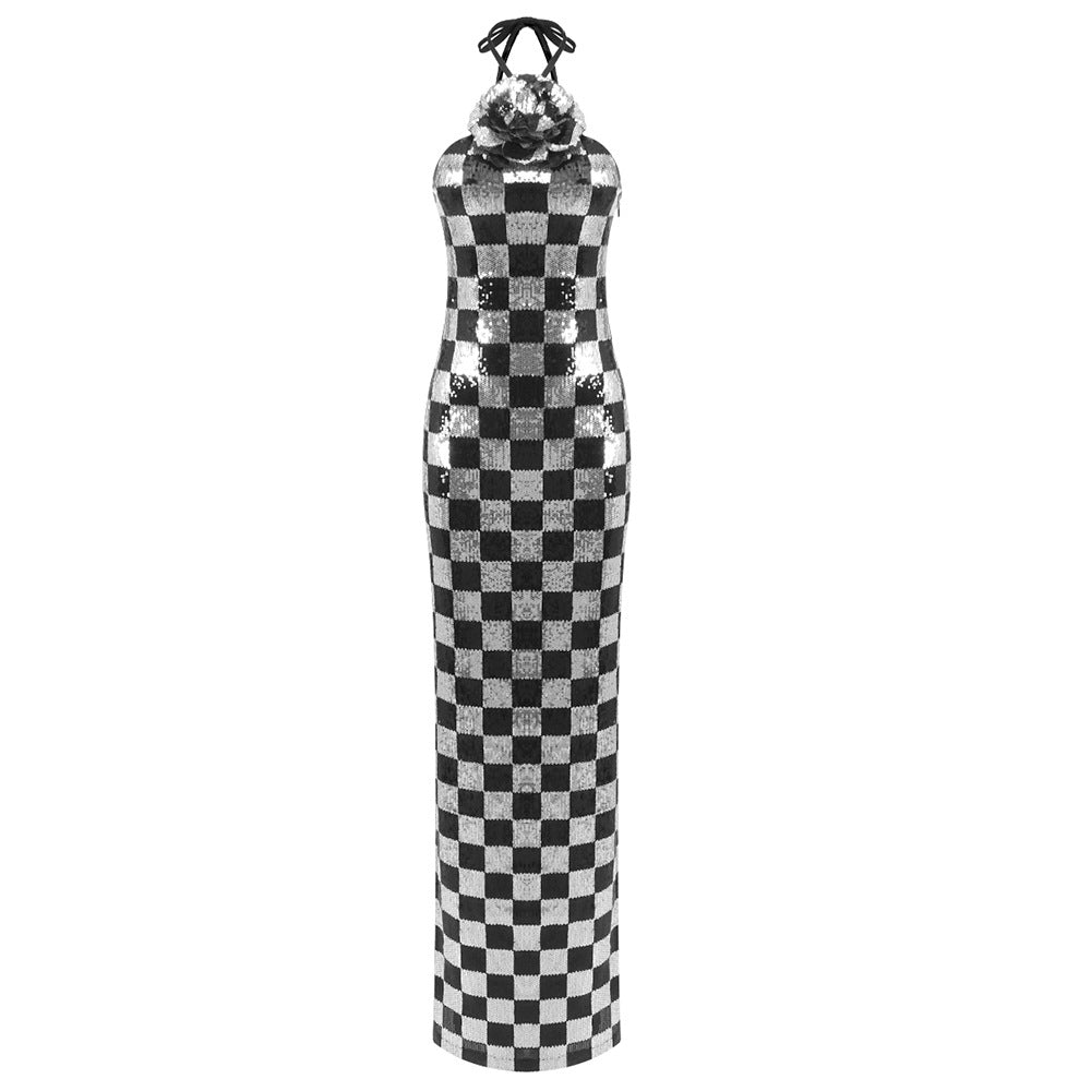Spring Maxi Dress Black White Plaid Sequin Stitching Dress Halter Dress