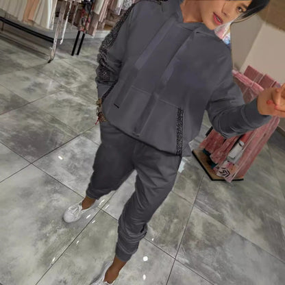 Sequin Pocket Sports Hooded Sweatshirt Sweatpants Suit