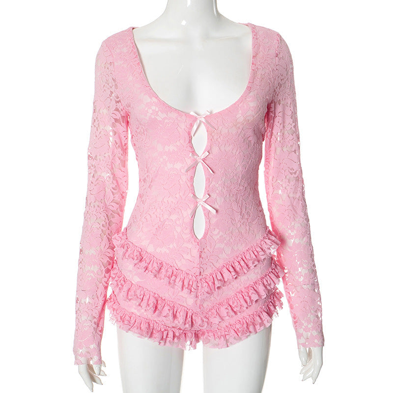 Clothing Low Collar Lace Stitching Slim Fit Romper