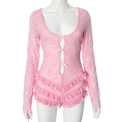 Clothing Low Collar Lace Stitching Slim Fit Romper