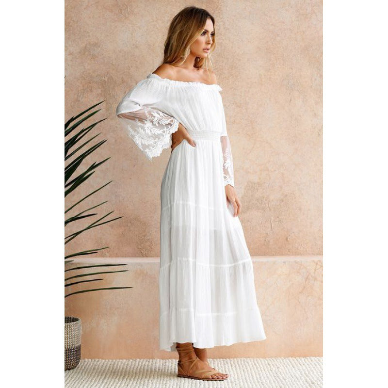 Off Shoulder Lace Patchwork Flared Sleeves Dress Maxi Dress