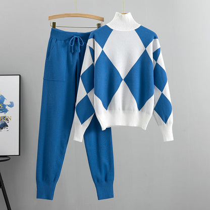 French Lazy Turtleneck Knitting Skinny Pants Suit Western Youthful Looking Two Piece Set