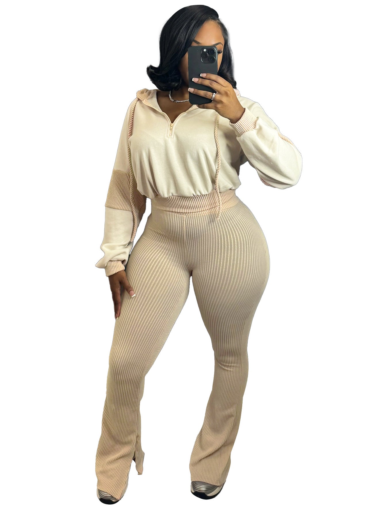 Clothing Twist Strip Sweater Stitching Hooded Bell Bottom Pants Two Piece Sets