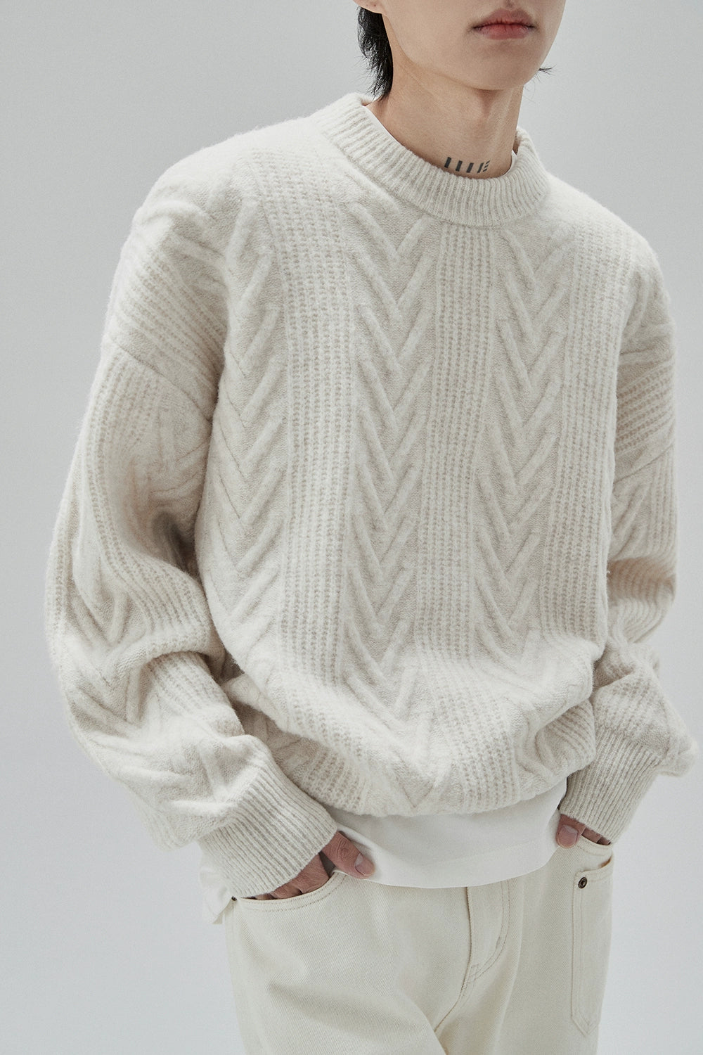 Cream Cable Knit Sweater With Chevron Pattern