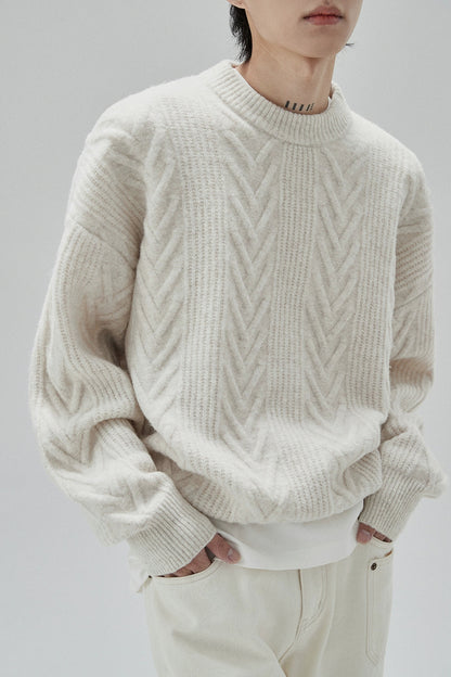 Cream Cable Knit Sweater With Chevron Pattern