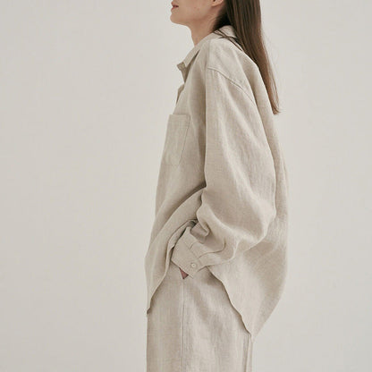 Linen Shirt Shorts Set Loose Laid Back Cotton Linen Shirt Two Piece Set