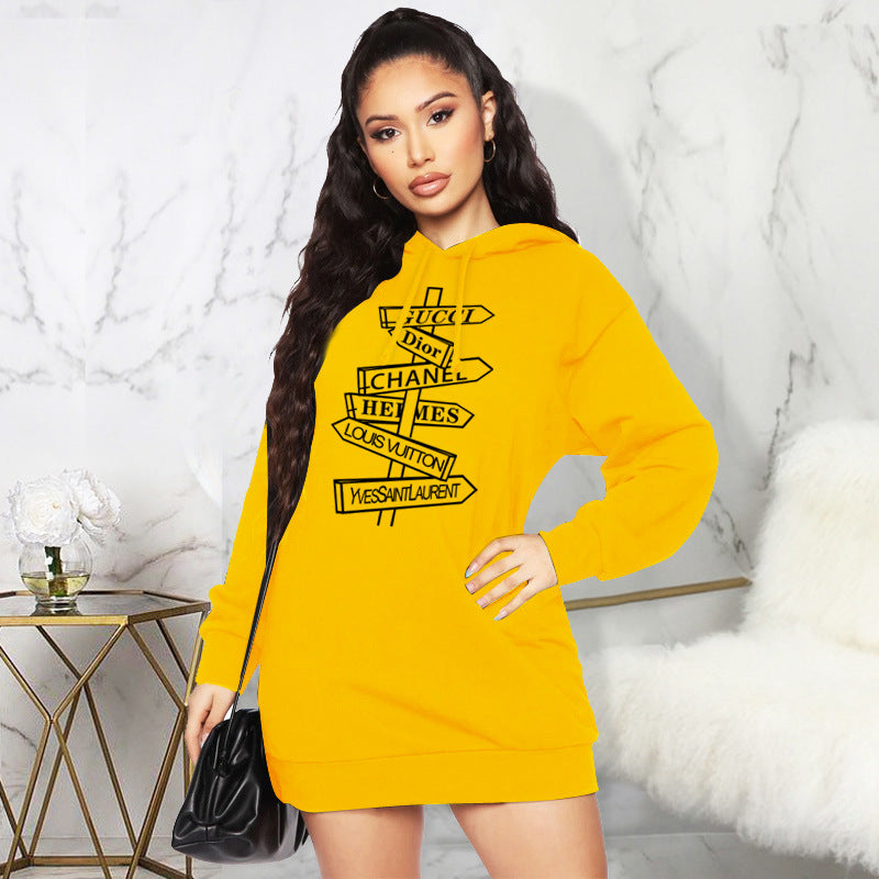 Sweater Autumn Winter Printing Hooded Mid Length Top