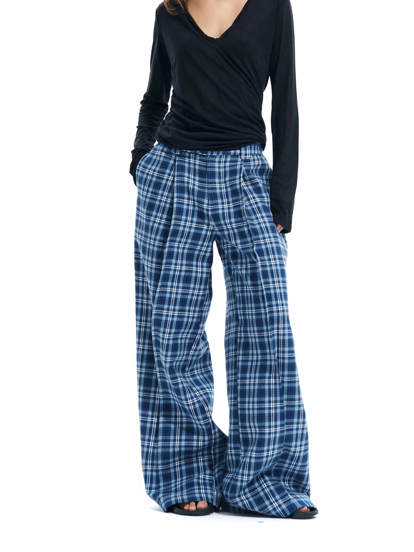 Wide-leg Plaid Pants