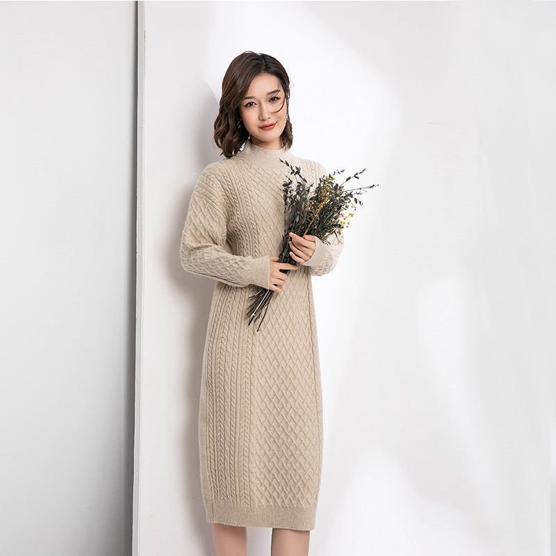Autumn Winter Half High Collar Sweater Knitted Dress Mid Length Loose Over Knee Thickened Base Non Slit Woolen