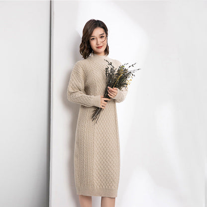 Autumn Winter Half High Collar Sweater Knitted Dress Mid Length Loose Over Knee Thickened Base Non Slit Woolen
