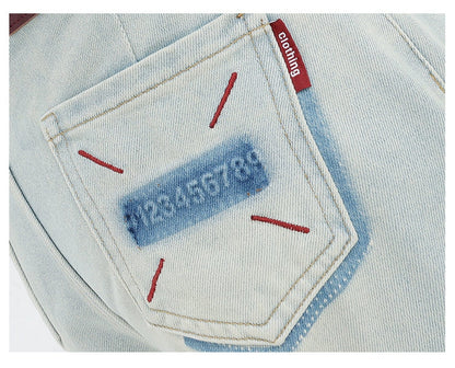 Light Blue Loose Straight Wide-leg Denim Pants With Embroidery Design