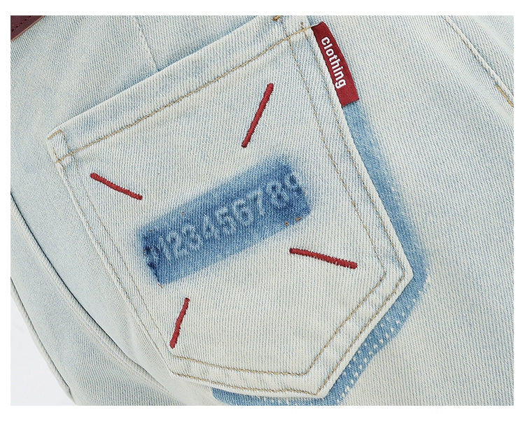 Light Blue Loose Straight Wide-leg Denim Pants With Embroidery Design