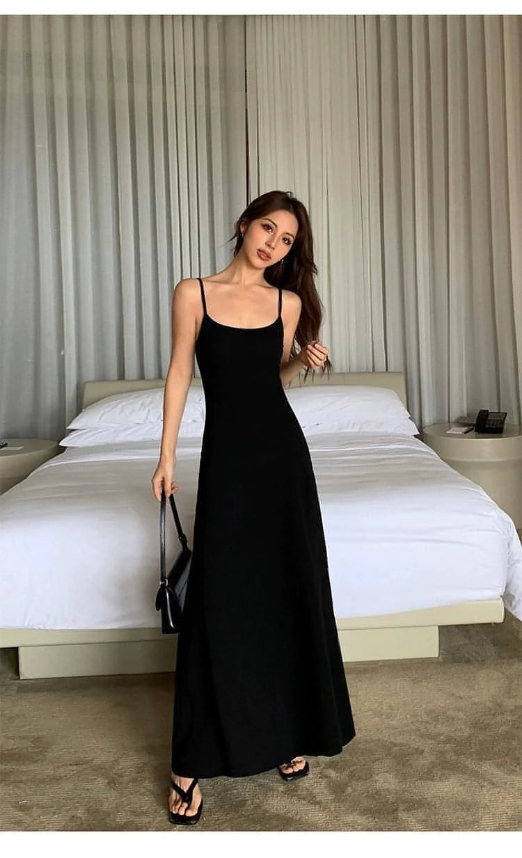 Summer Black Slimming Spaghetti Strap Maxi Dress
