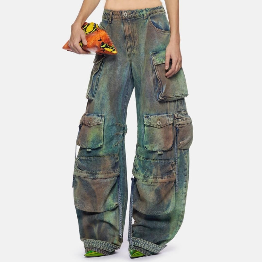 Street Clothing Heavy Industry Wash Gradient Color Halter Lace Up Vest Zipper Off Neck Bandeau Sling Pants Sets