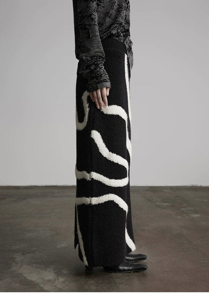 White Striped Black Knit Straight Skirt