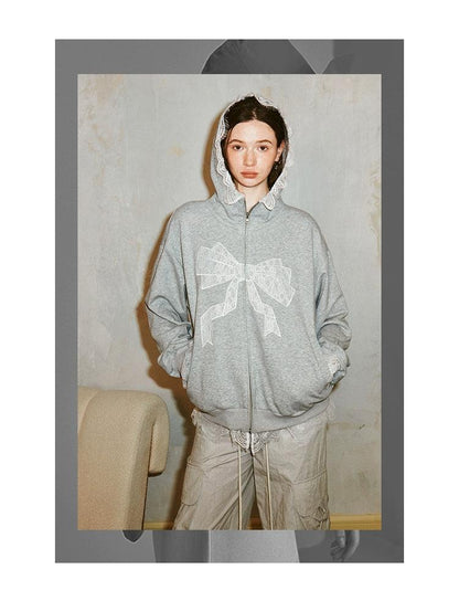 Diddi Moda Bow Print Hoodie - Gray Zip-up Sweatshirt With Lace Trim and Graphic Design