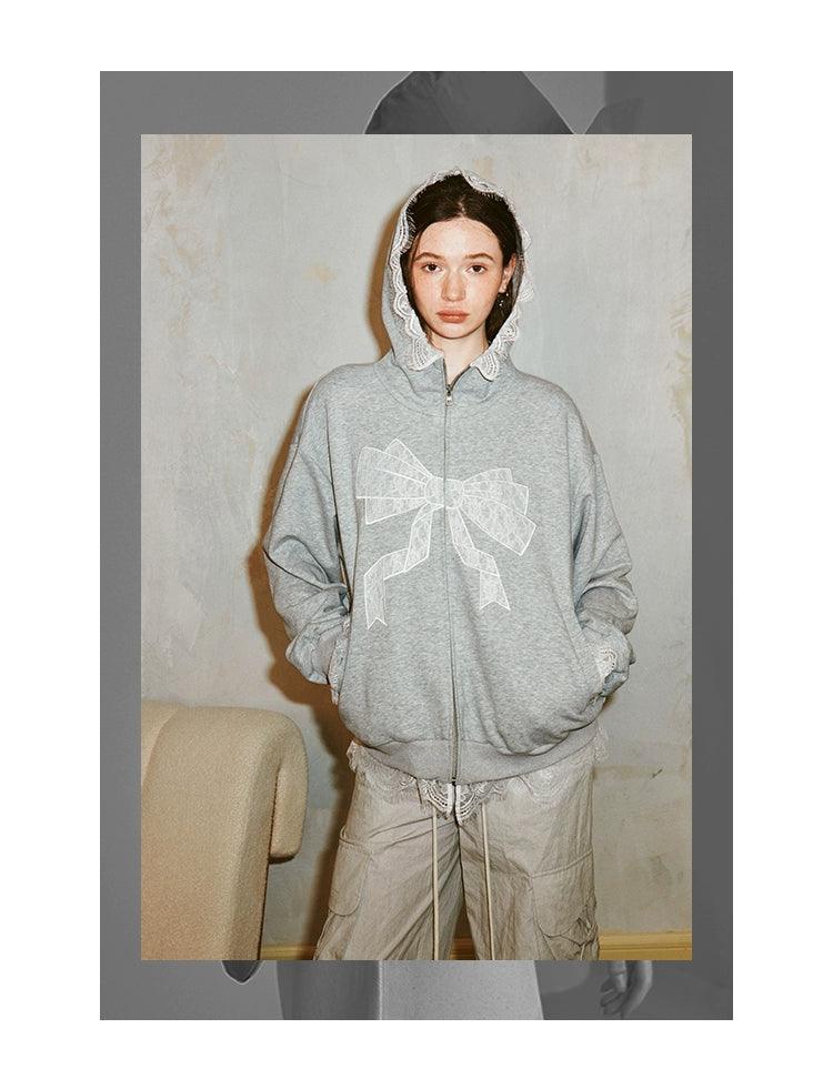 Diddi Moda Bow Print Hoodie - Gray Zip-up Sweatshirt With Lace Trim and Graphic Design