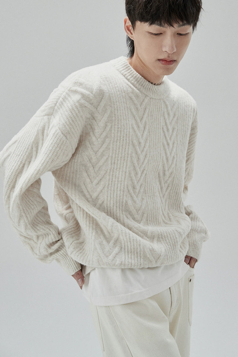 Cream Cable Knit Sweater With Chevron Pattern