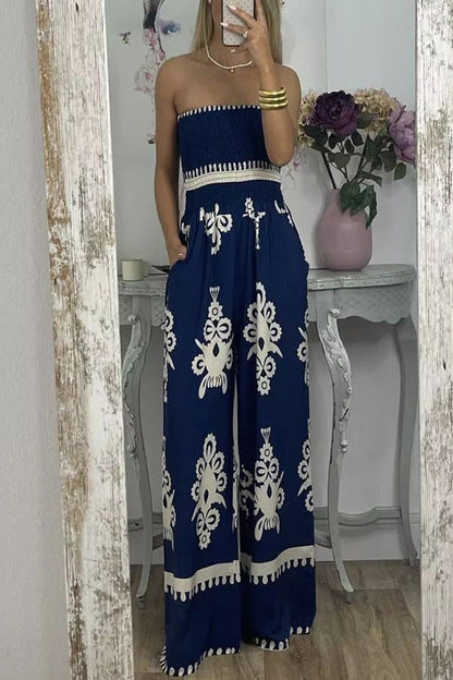 Street Hipster Wrapped Chest Printed Jumpsuit High Waist Pants