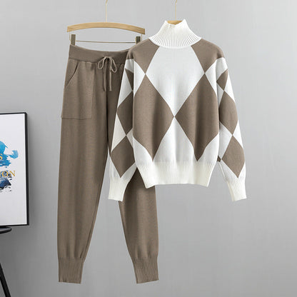 French Lazy Turtleneck Knitting Skinny Pants Suit Western Youthful Looking Two Piece Set