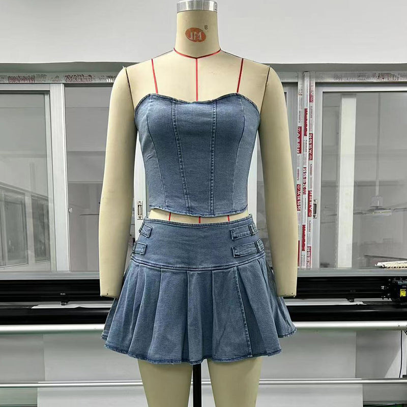 Summer Tube Top Denim Suit Sleeveless Bare Cropped High Waist Split Skirt