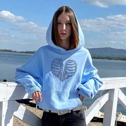 Skeleton Rhinestone Loose Hooded Sweatshirt Top Autumn Winter