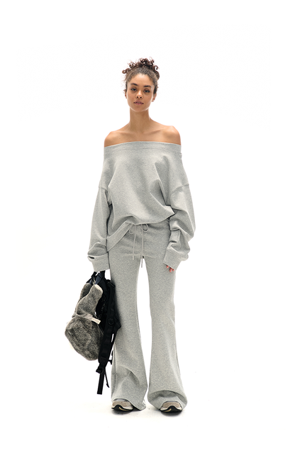 Off-the-shoulder Sweatshirt and Slight Flare Pants Set
