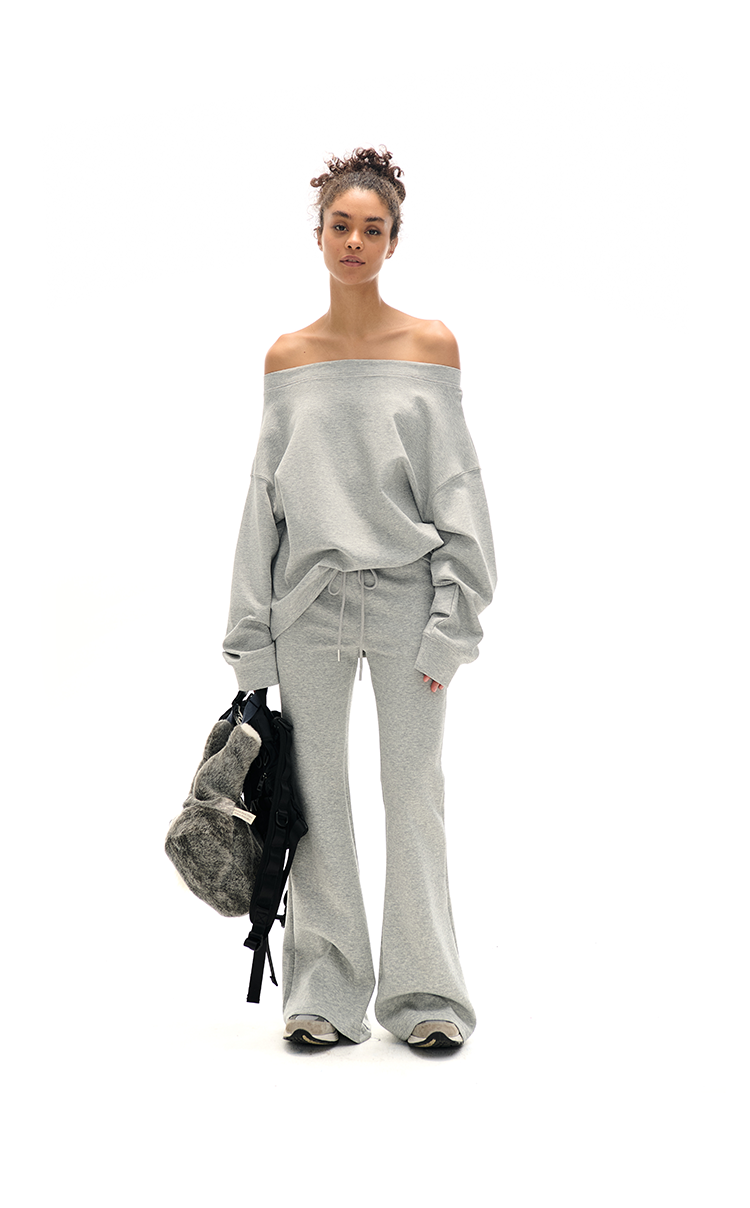 Off-the-shoulder Sweatshirt and Slight Flare Pants Set