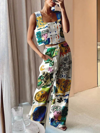 Abstract Print Wide Leg Pants & Vest Coord Set