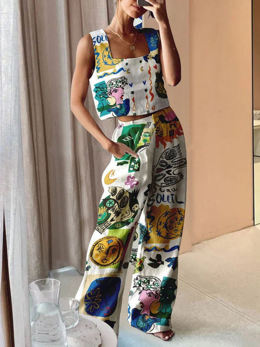 Abstract Print Wide Leg Pants & Vest Coord Set
