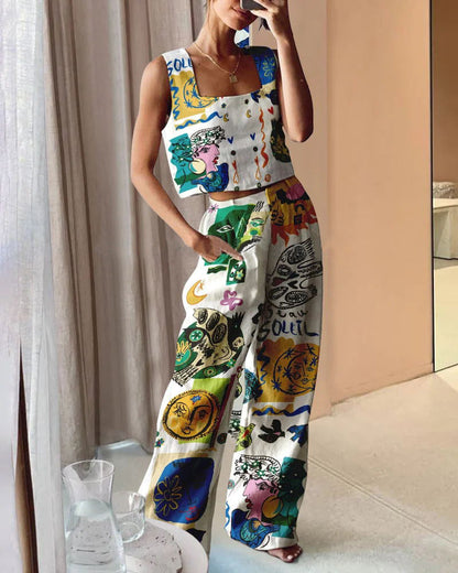 Printed Wide Leg Pants Vest Two Piece Set Amplified Craft
