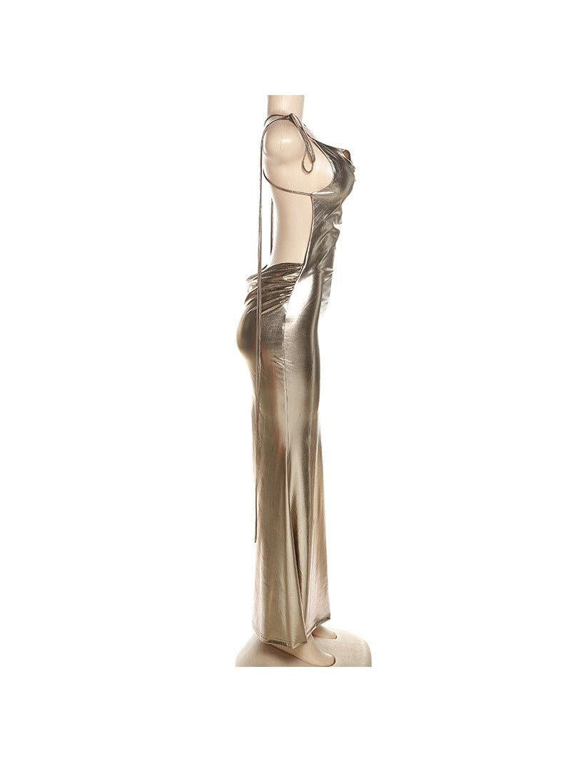 Metallic Coated Deep Neck Backless Evening Dress