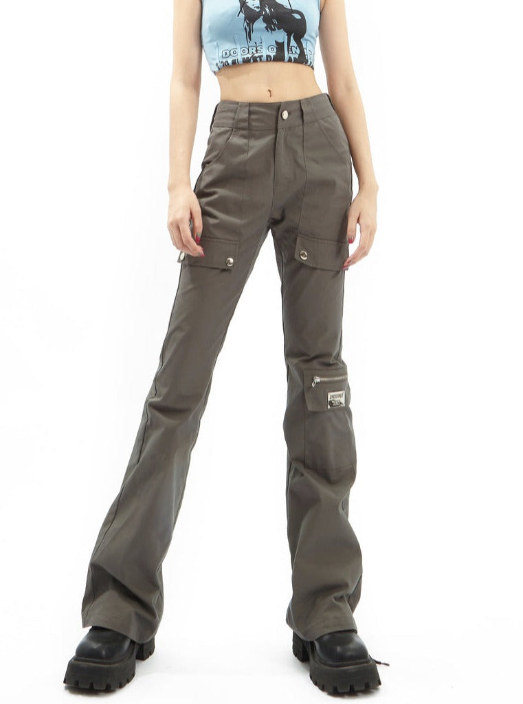 Black Flared Cargo Pants With Multiple Pockets