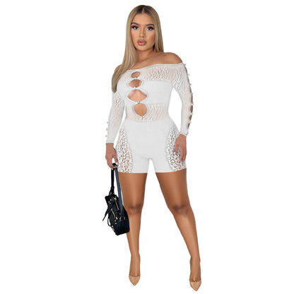 Spring Summer Thread Mesh Pearl Buckle Off-shoulder Siamese Shorts