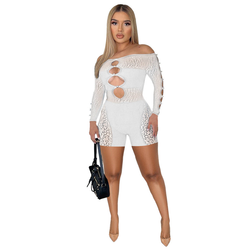Spring Summer Thread Mesh Pearl Buckle Off-shoulder Siamese Shorts