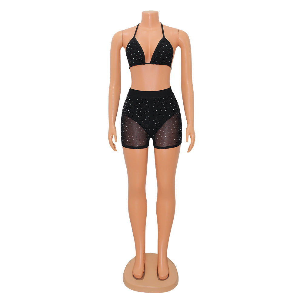Clothing Tight Mesh See-through Drilling Two-piece Set for