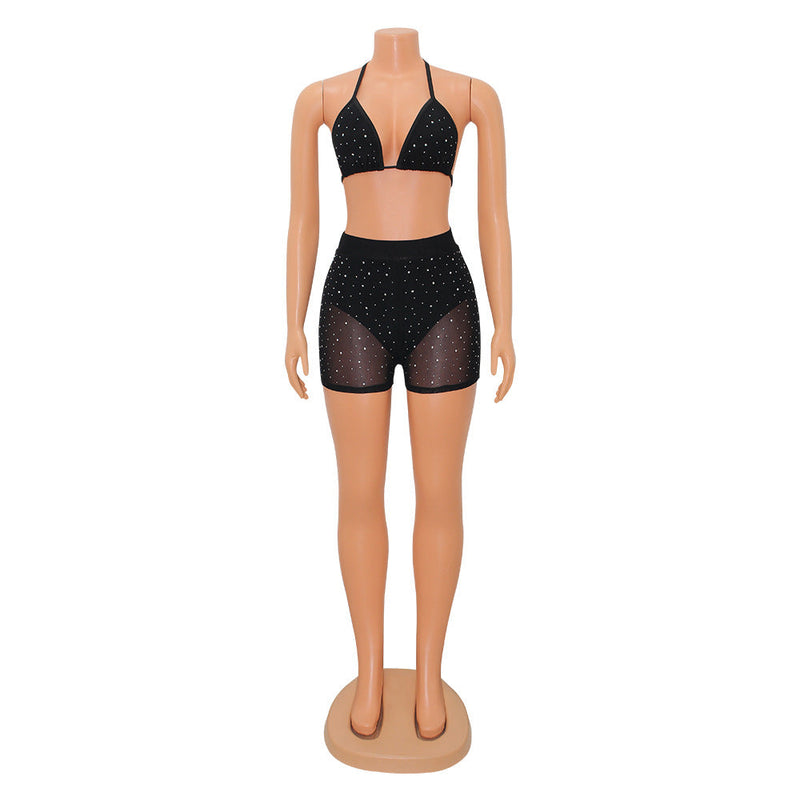 Clothing Tight Mesh See-through Drilling Two-piece Set for