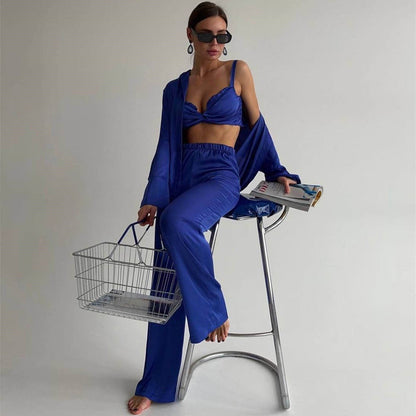 Spring Autumn Satin Three Piece Set Clothing Satin Wrapped Chest Vest Shirt Pants Set