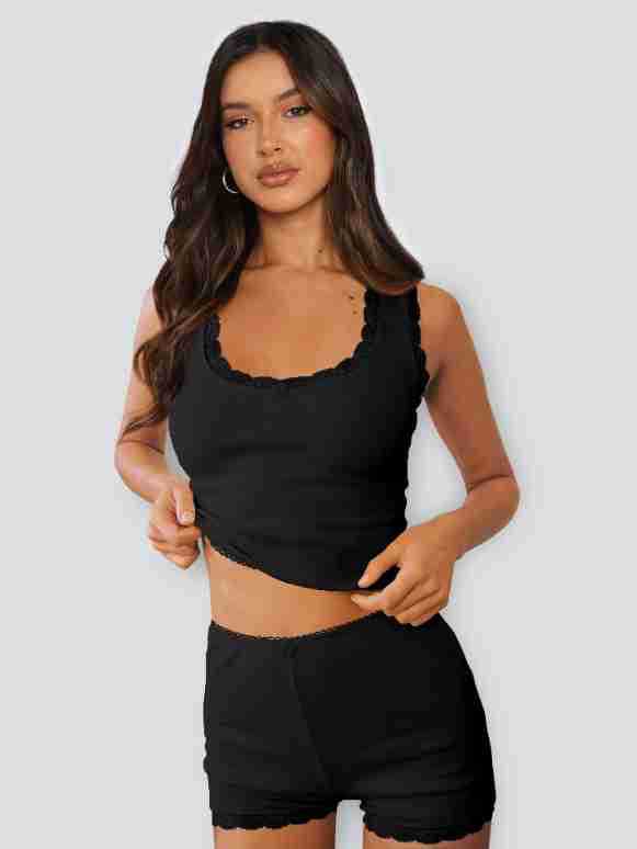 Lace Stitching Home Two Piece Slim Fit Sling High Waist Shorts Multi Color Suit