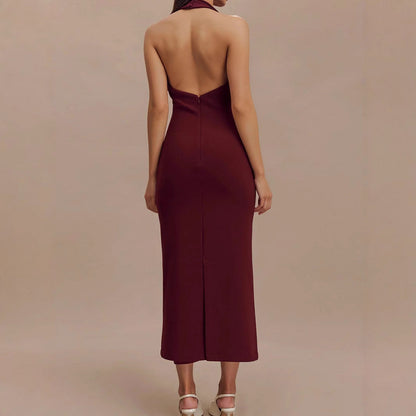 Clothing Backless V Neck Midi Dress Skinny Sheath Split Halter Dress