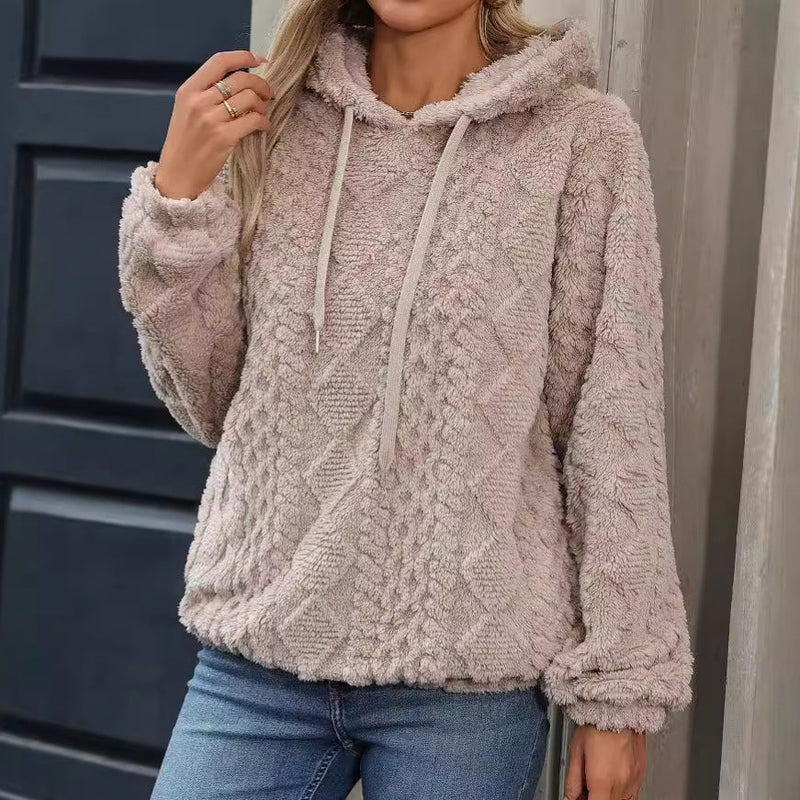 Autumn Winter Clothing Plush Jacquard Fabric Long Sleeve Loose Hooded Pullover Sweatshirt