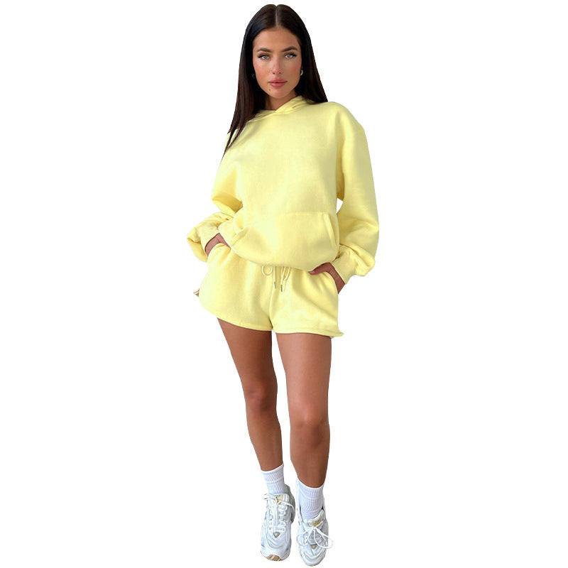 Autumn Winter Color Long-sleeved Hooded Sweaters Clothing Two Piece Shorts Sets
