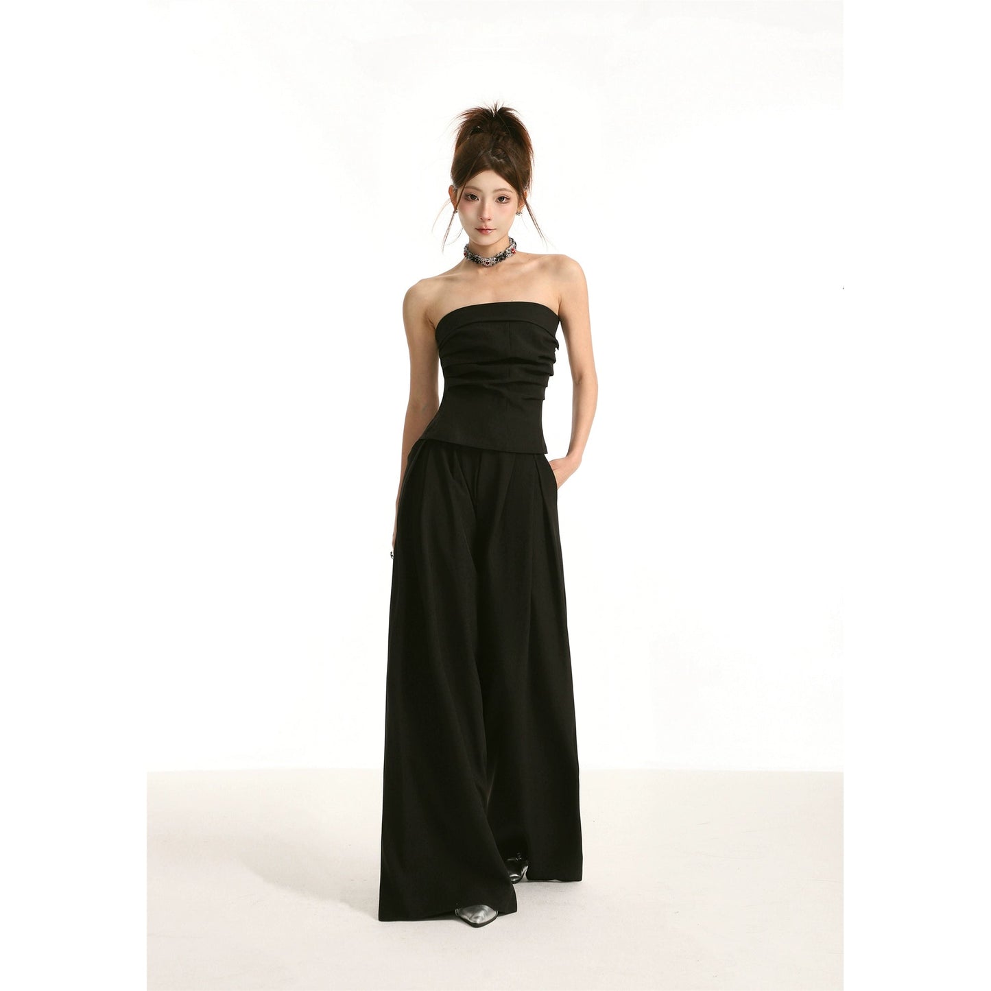 Black High-waisted Straight Cut Wide-leg Pants Set
