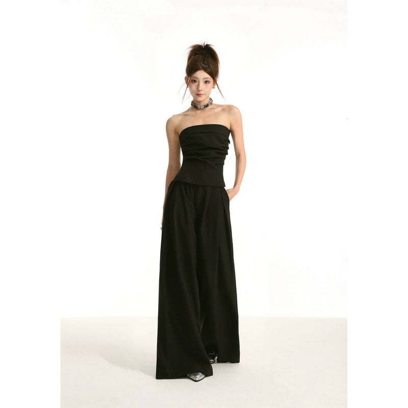 Black High-waisted Straight Cut Wide-leg Pants Set