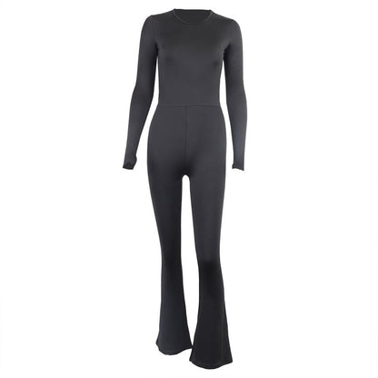 Round Neck Long Sleeve Jumpsuit Slim Fit Backless Outer Wear Base One Piece Trousers Hip Raise High Waist Bell Bottom Pants