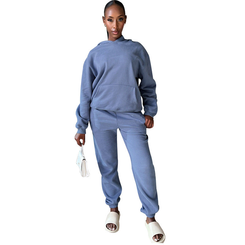 Autumn Winter Color Long Sleeve Hooded Fleece Lined Sweater Trousers Sets